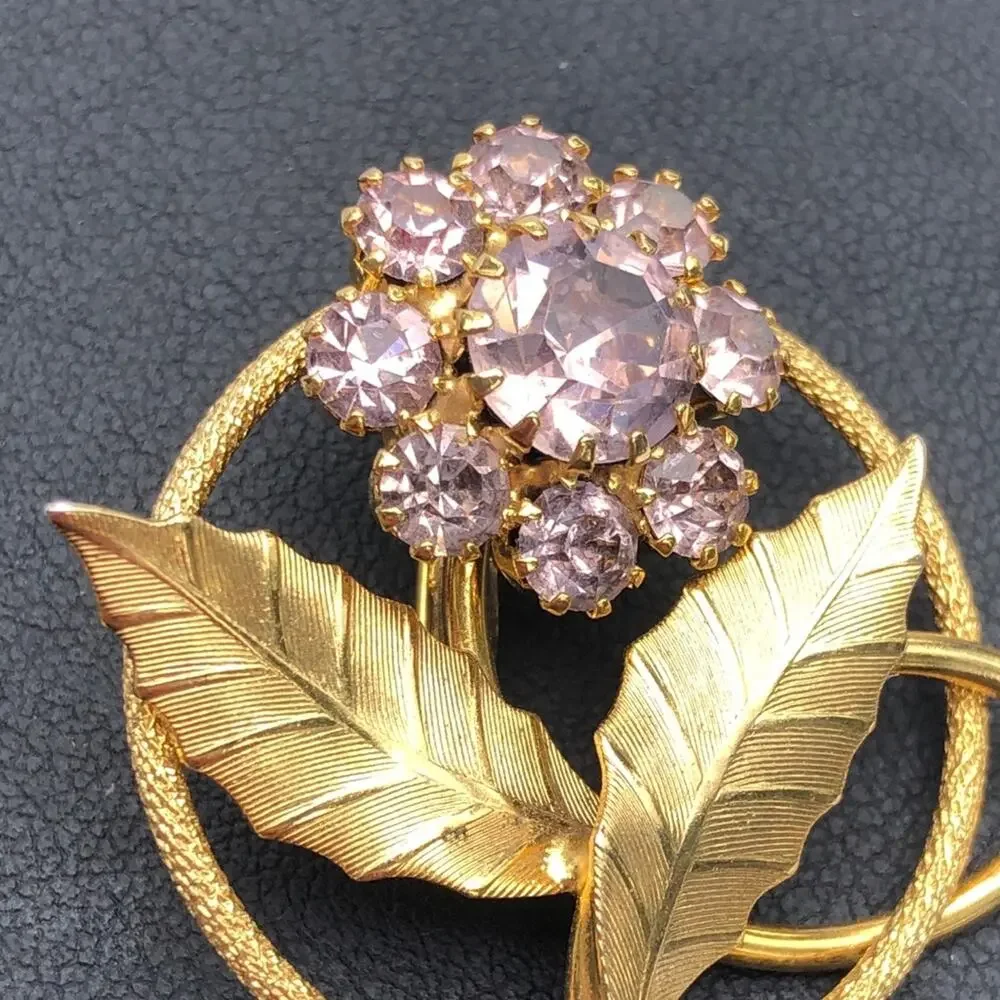 Pink Rhinestone Flower Brooch, Gold Tone Vintage Unsigned Leaves